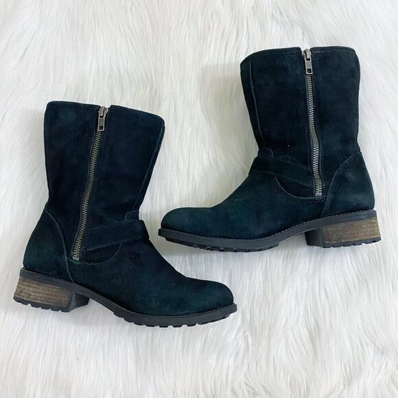 Ugg Black Suede Moto Boots Women's Size 6.5 Side Zip Shearling Lined Round Toe - Picture 5 of 10